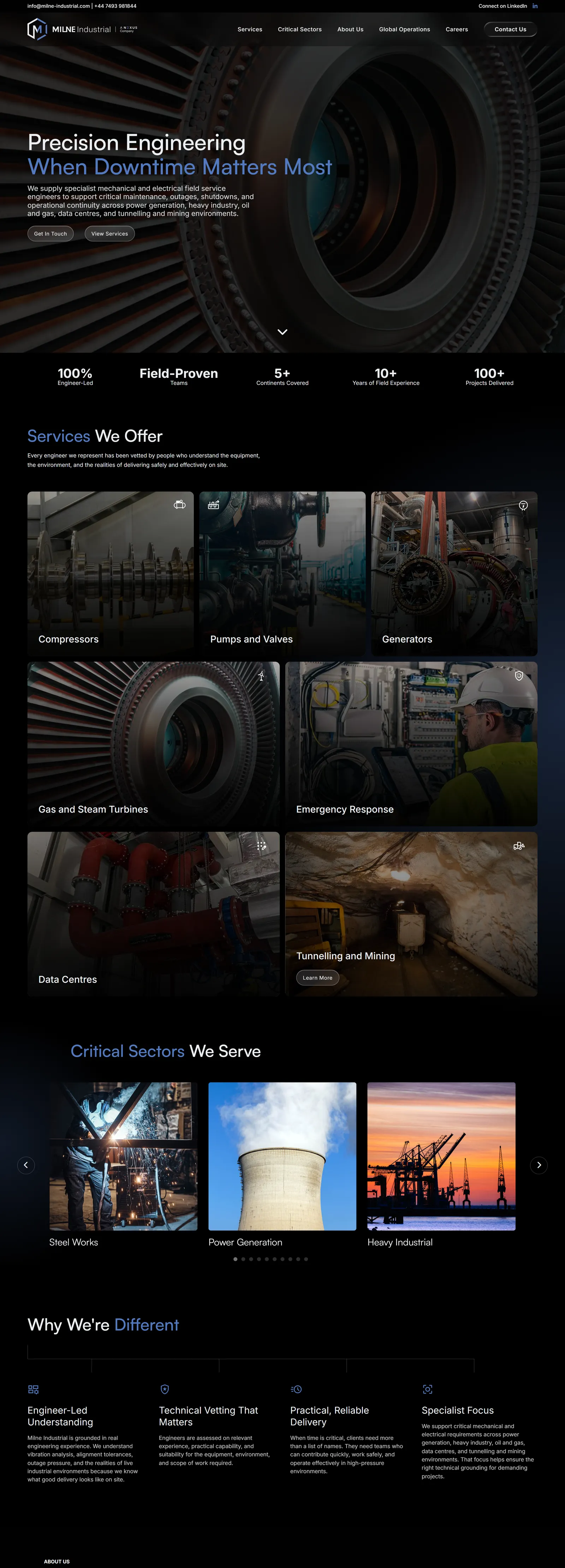 Milne Industrial website on a desktop screen