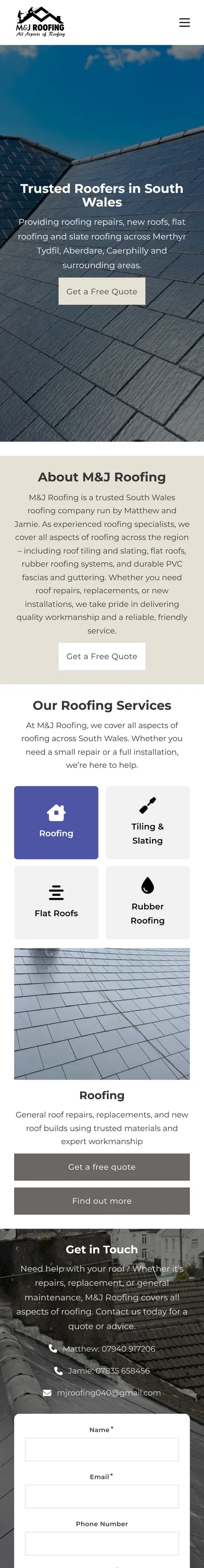 M&J Roofing website on a phone